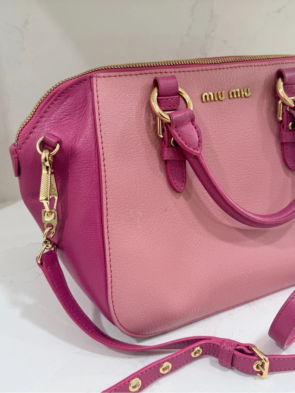 Miu Miu Two-Tone Pink Leather Satchel Crossbody Bag Gold Hardware Made Italy